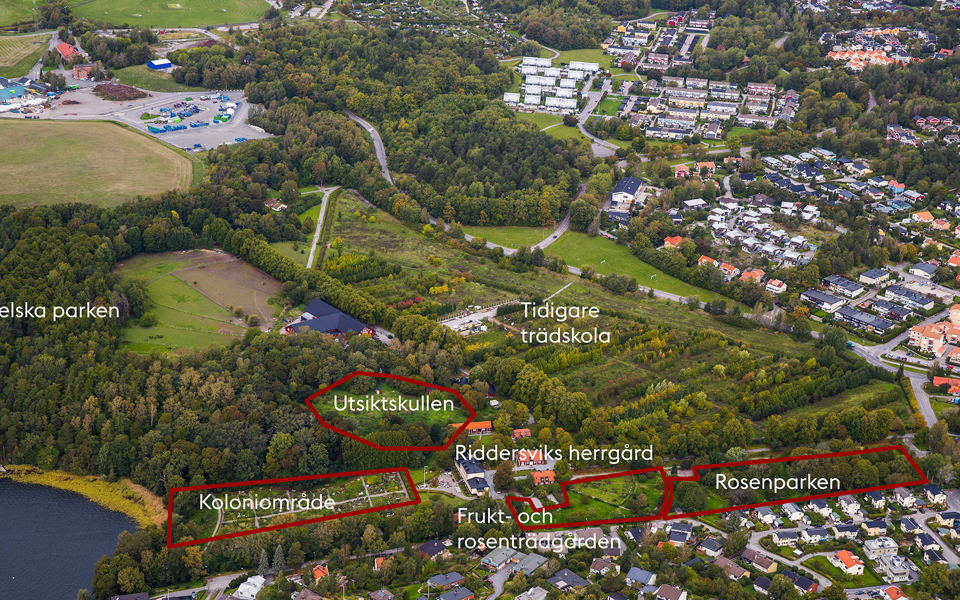 Flygbild med inritade områden som ska marksaneras i Riddersvik.
